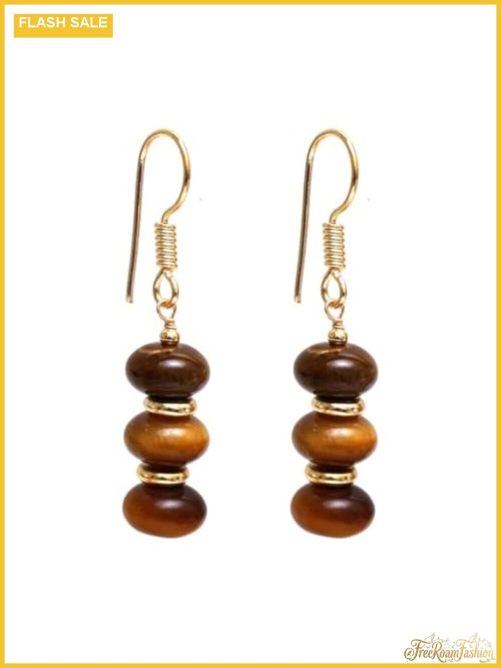 Gold Plated Brass Tiger Eye Dangle Earrings Boho Drop